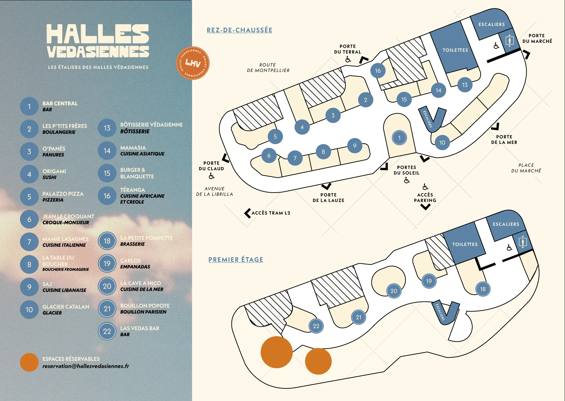 Plan des Halles Védasiennes : les étals du rez-de-chaussée et
            du premier étage, répartis autour des deux bars.