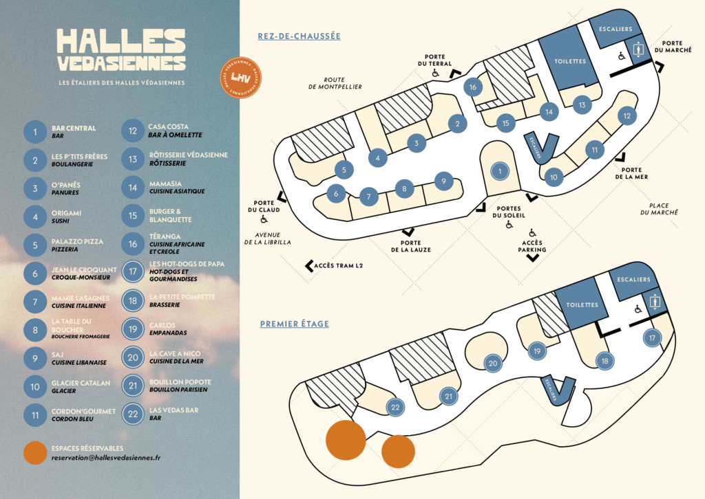 Le plan des Halles Védasiennes. Tous les étals du Rez-de-chaussée et du premier étage des Halles.